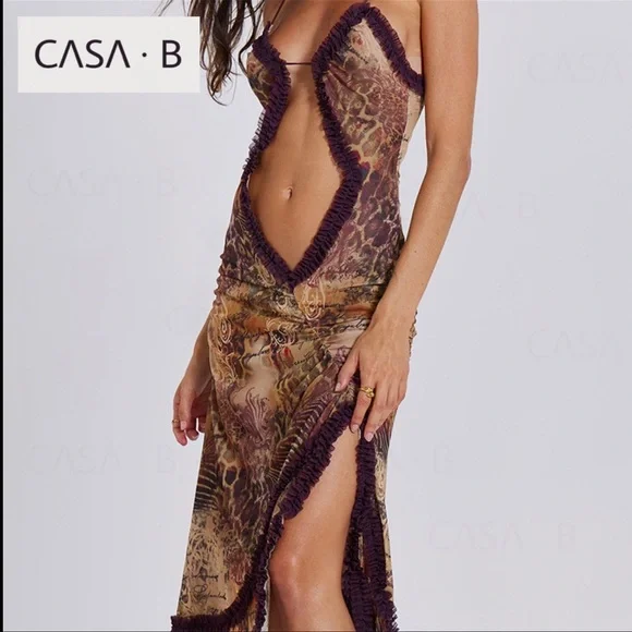 NEW to CASA B💫|Seraphina Sheer Cut-Out Frill Leopard Script Print Maxi dress - Picture 10 of 17